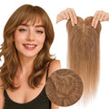 Real Human Hair Toppers for Women 3.54"*4.72" Silky Base 150% Density With Bangs Adjustable Parting Clip-In Topper Hairpieces for Women with Thinning Hair 12 Inches Light Brown