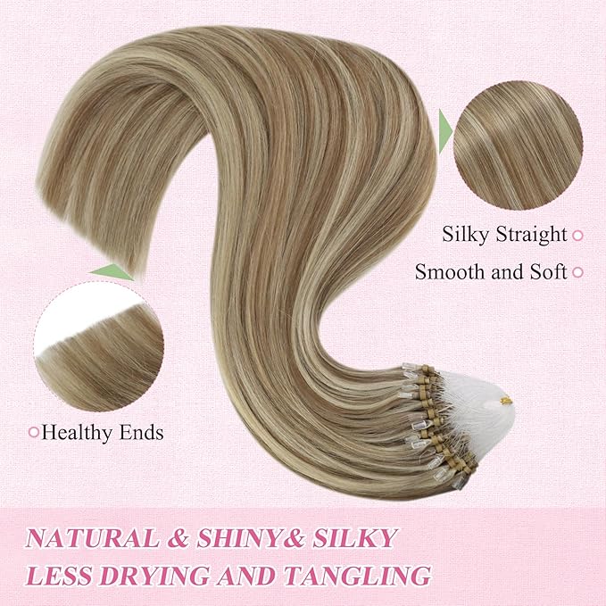 YoungSee Micro Bead Hair Extensions Real Human Hair Highlight Microbead Hair Extensions Human Hair Light Brown Mix Blonde Highlight Micro Link Hair Extension Remy Hair Silky Straight 22Inch 50s 50g