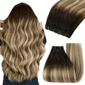 YoungSee 100g Weft Hair Extensions Human Hair Balayage Brown Human Hair Sew in Extensions Darkest Roots to Medium Brown with Blonde Hand Tied Weft Hair Extensions Straight Hair 14inch