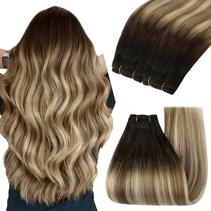 YoungSee 100g Weft Hair Extensions Human Hair Balayage Brown Human Hair Sew in Extensions Darkest Roots to Medium Brown with Blonde Hand Tied Weft Hair Extensions Straight Hair 14inch