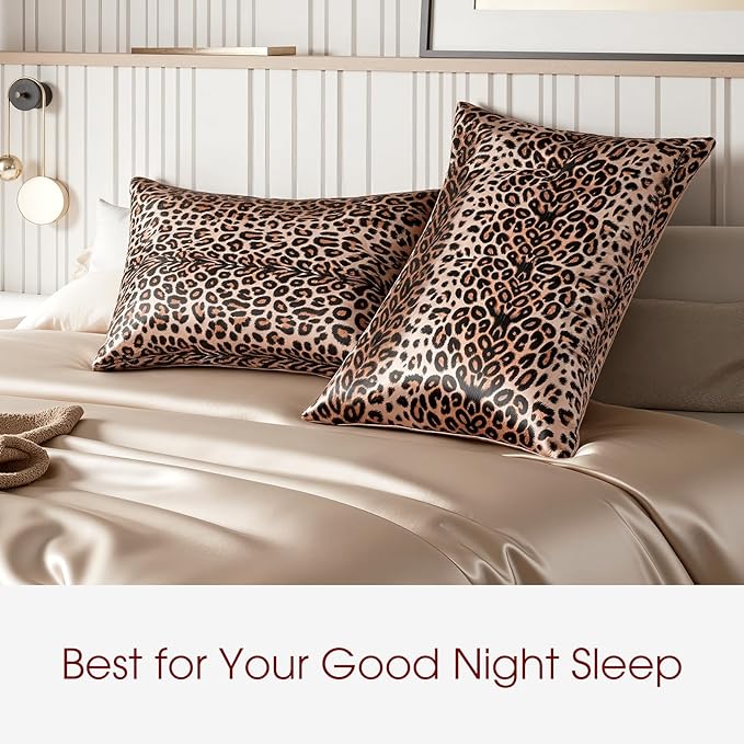 WLOSJ100% Silk Pillow Cases 2 Pack Queen Size Mulberry Silk Pillowcase for Hair and Skin Set of 2 Highest Grade 6A Silk Soft Breathable Cooling with Hidden Zipper, Leopard