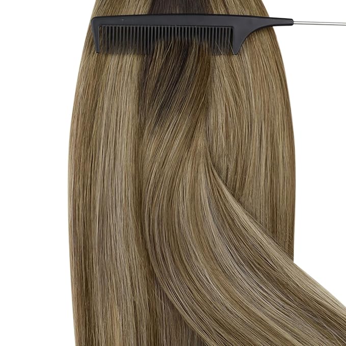 YoungSee Nano Loop Hair Extensions Brown Nano Ring Hair Extensions Balayage Dark Brown with Blonde Nano-Bead Hair Extension Human Hair Brown Nano Hair Extension Remy Hair Cold Fusion 50s 50g 14in