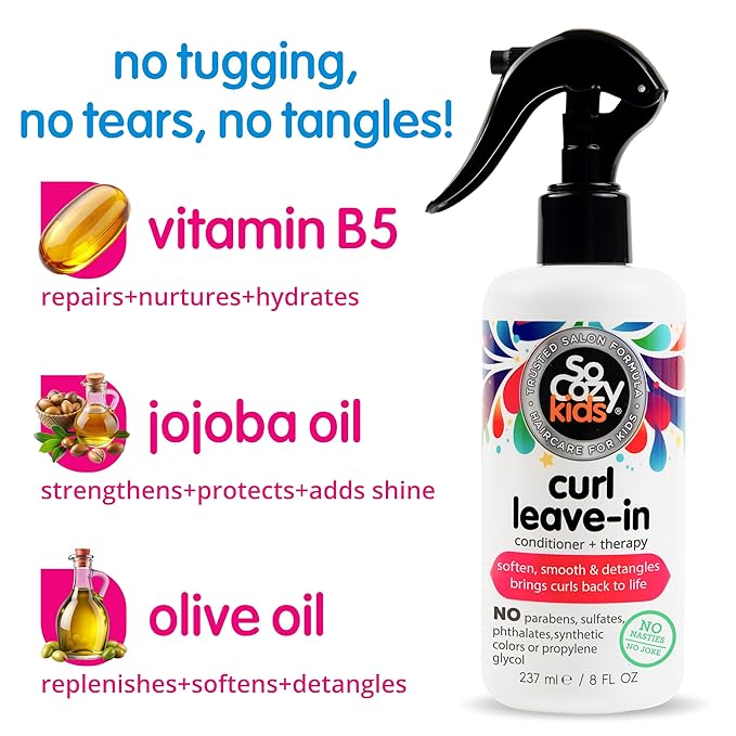 SoCozy Leave In Conditioner Spray (8 Fl Oz, Pack of 2) Detangler for Kids' Curly Hair, Tangle-Free Curls, Gentle & Nourishing with Keratin, Vitamin B5, Olive & Jojoba Oil, Paraben-Free