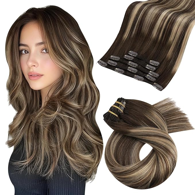 Moresoo Clip in Hair Extensions Real Human Hair Balayage Dark Brown with Caramel Blonde 5pcs 80g Remy Straight Invisible Lace Double Weft Ombre Human Hair Clip in Extensions 16inch