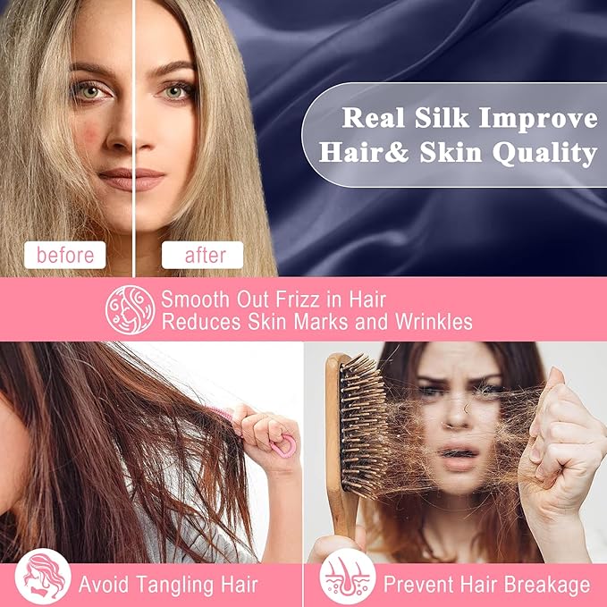 100% Pure Silk Pillowcase 2 Pack for Hair and Skin, Both Sides 23 Momme Grade 6A+ Mulberry Silk Pillowcases with Hidden Zipper, Soft&Smooth Cooling Pillow Cases (Navy Blue, Standard 20x26)