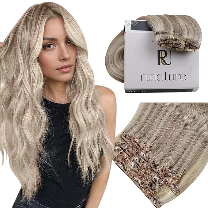 RUNATURE Real Human Hair Clip in Extensions, 18 Inch Clip in Hair Extensions, Blonde Hair Extensions Clip Ins, Natural Remy Hair, 120g 7pcs #19P60 Grey Blonde Highlight Platinum Blonde