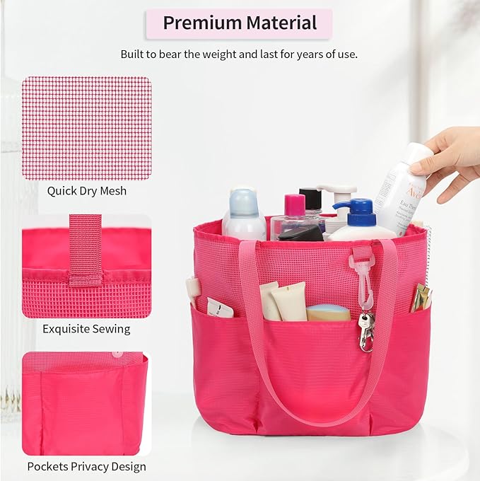 Mesh Shower Caddy Portable, Travel Toiletry Bag for Women Men, Large Capacity Shower Bag Quick Dry Bathroom Bag for Dorm, Gym, Bathroom, Camping, Beach, Swimming, Traveling, Rose Red
