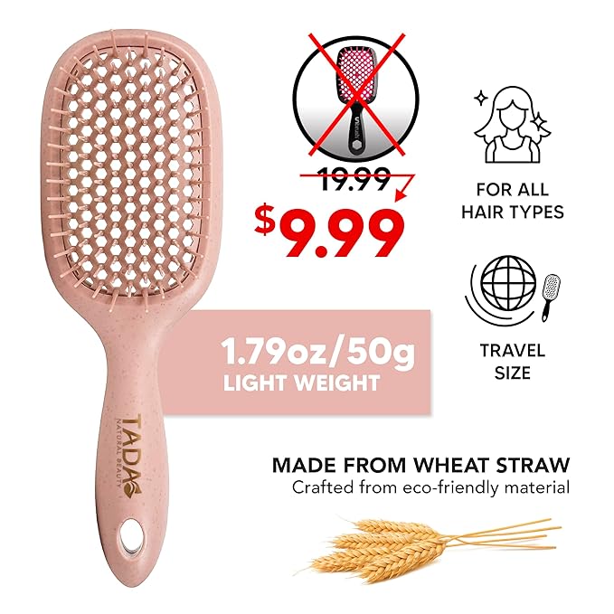 TADA Natural Beauty Hair Brush Detangler for Curly, Thick, Wavy, and Thin Hair - Ventilation Holes for Quick Drying and Styling, Detangler Brush for Women, Men, Kids (4 Colors) (Pink)
