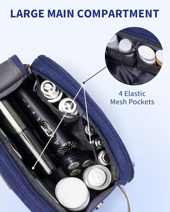 WANDF Toiletry Bag for Men Travel Toiletry Organizer Canvas and Leather Dopp Kit Water-Resistant Shaving Bag for Travel Accessories (Blue, Medium)