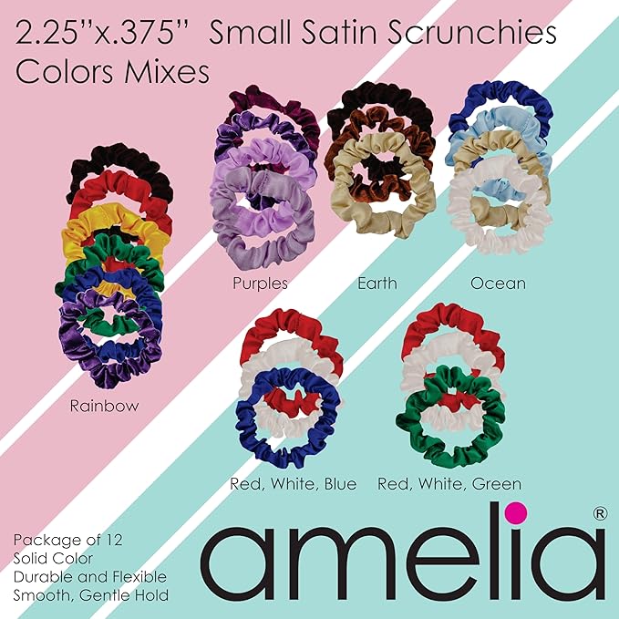 Amelia Beauty, White Satin Small Scrunchies, 12-Pack – No Damage Hair Ties for Women, Gentle & Durable Hair Accessories, 2.5in x 0.5in