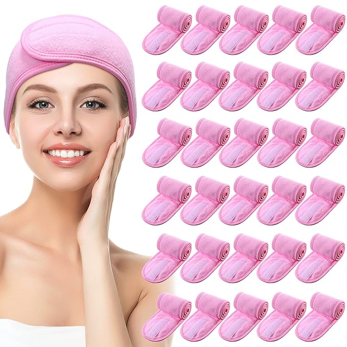 Hoteam 30 Pack Spa Headband Facial Esthetician Hair Wrap for Women Adjustable Makeup Sports Shower Stretch Towel with Tape(Pink)