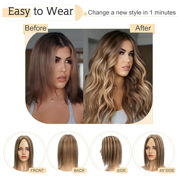 SEGO Human Hair Toppers for Women With Thinning Hair, 7 * 13CM Silk Base 100% Real Human Hair Clip in Top Wiglet Hairpieces /8 Inch No Bangs Medium Brown&Dark Blonde
