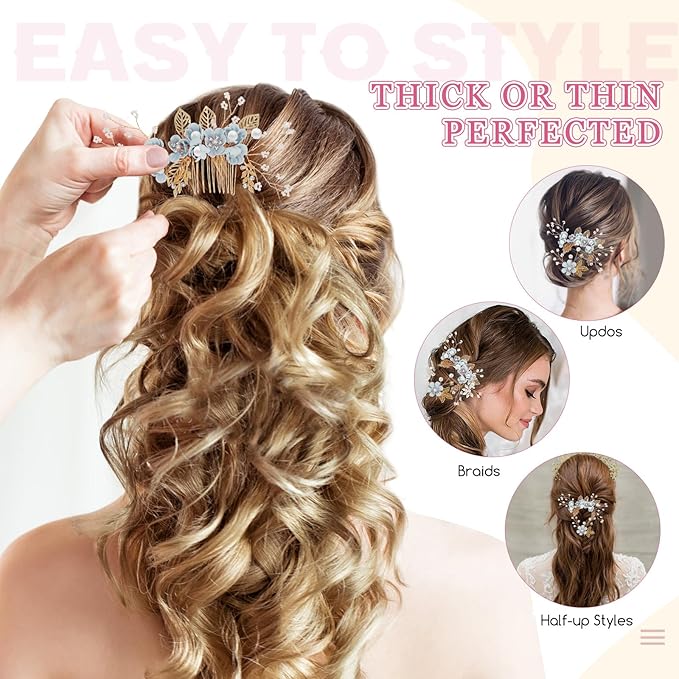 Wedding Flower Hair Accessories for Women: 4pcs Leaf and Flower Hair Combs for Women Accessories - Crystal Pearl Wedding Flower Clips Headpiece for Brides Bridesmaids Girls Updo (Blue)