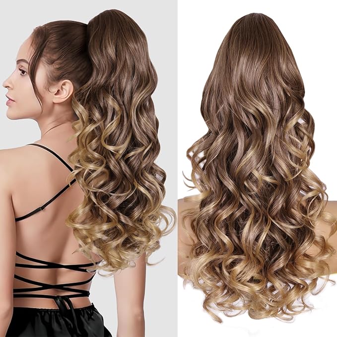 24 Inch Ponytail Extension, Layered Ponytail Extensions for Women, Soft Wavy Claw Clip in Ponytail Extension, Natural Synthetic Hair Pieces for Women (Color: Light Brown With Golden Ends)