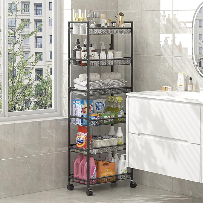 6 Tier Slim Rolling Storage Cart, Narrow Mobile Shelving Unit Organizer Utility Cart with Wheels, Metal Wire Storage Rack with Baskets for Kitchen, Bathroom, Laundry & Living Room, 10in(W) Black