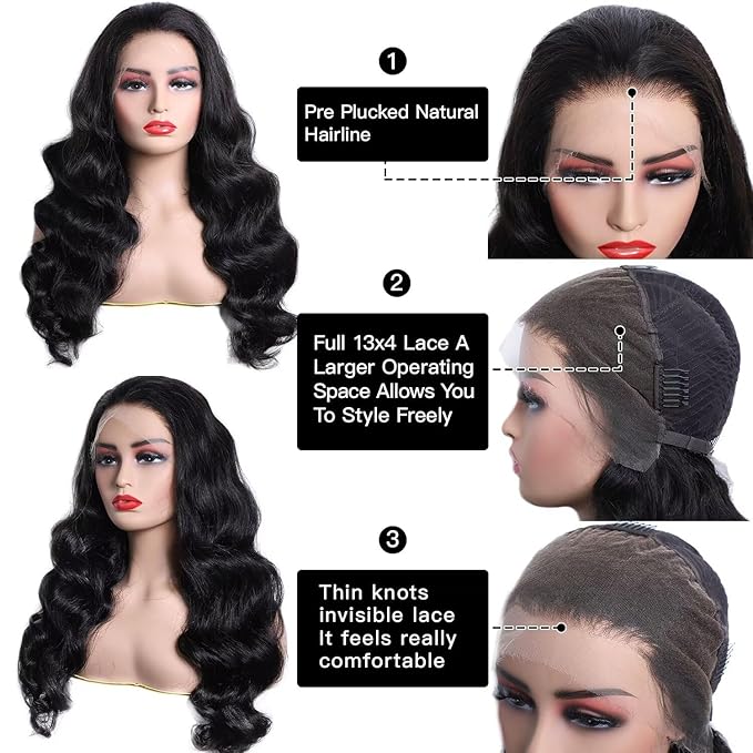 Lemoda Malaysian Body Wave 13x4 Full Lace Frontal Virgin Human Hair Wigs Body Wave HD Transparent Lace Front Wig 30Inch Unprocessed Virgin Human Hair Natural Black