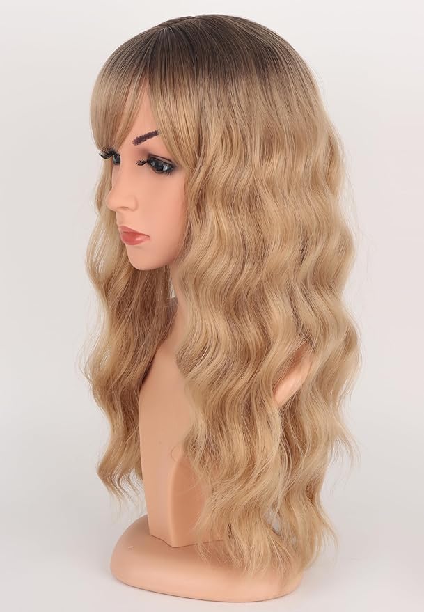 Medium Long Blonde Wavy Wigs For Women Synthetic Full Hair Blonde Wigs With Bangs For Daily Use (Blonde)
