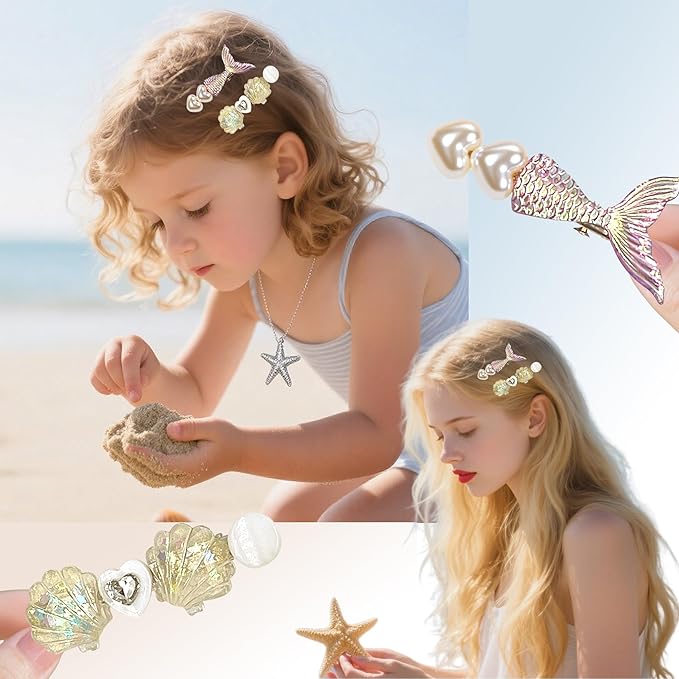7PCS Iridescent Ocean Hair Clip Set - Mermaid Tail, Starfish, Seashell Designs with Pearl Accents, Beachy Hair Accessories for Vacations, Pool Parties & Summer Styling