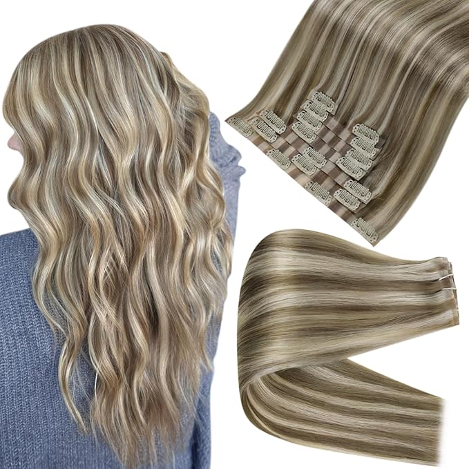 Full Shine Balayage Blonde Clip in Hair Extensions Real Human Hair Ash Brown Hair Extensions Mix Platinum Blonde Seamless Clip ins for Short Hair 12 Inch 8 PCS 95 G