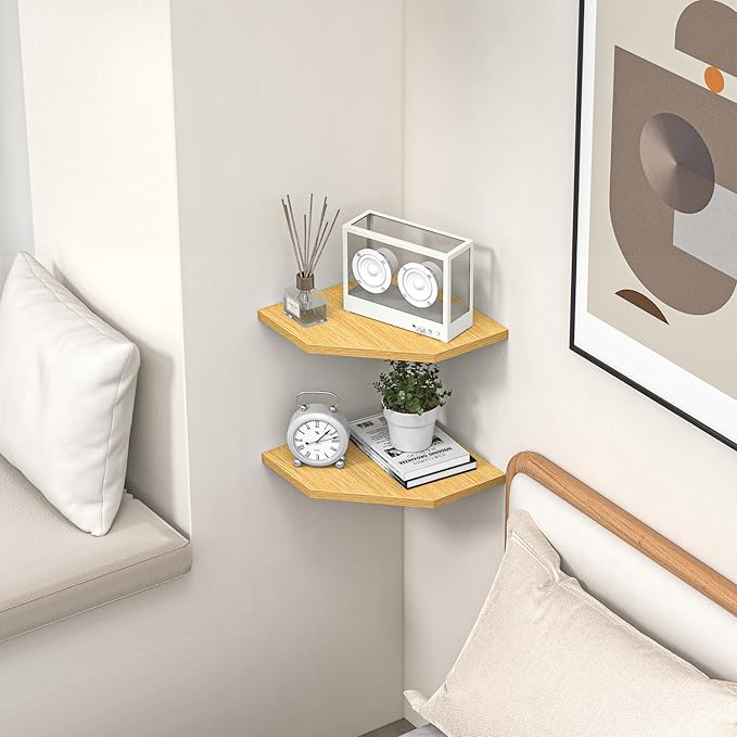 Corner Shelf Wall Mount, Corner Floating Shelves, Set of 4 Corner Wall Shelf Organizer, Rustic Wood Wall Storage Display Shelves for Living Room Bedroom Bathroom Kitchen, Oak