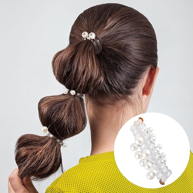 4PCS Bead Spiral Hair Ties, Artificial Pearl Bead Phone Cord Ponytail Holders for Women, Elegant Rubber Hair Coils, Stylish Hair Accessories for Party, Daily Use - White, Silver Bead