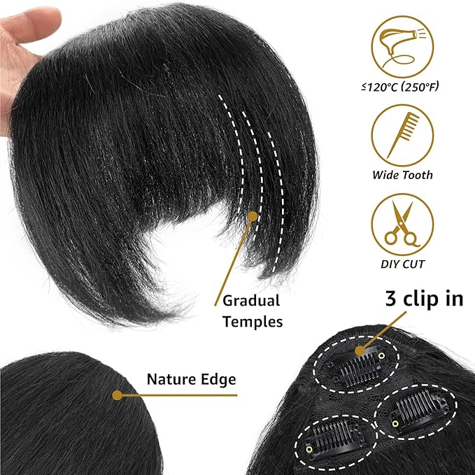 Yaki Straight Bangs Hair Extensions for Women Natural Black Synthetic Fringe with Temples Handmade Kinky Straight Bangs Hairpiece with 3 Clips in (1B)