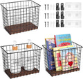 Wall Hanging Baskets 3 Pack, Large Diversified Wire Basket Shelves of Wooden Style, with Wall Mounted Metal Hooks & Traceless Stickers, for Kitchen Coffee Bar Office Room Garage Storage Organization