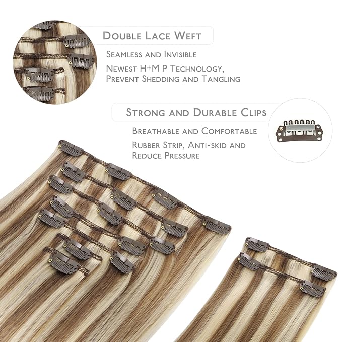WENNALIFE Hair Extensions Clip In, 9pcs 14inch 150g Ash Brown Highlighted Golden Blonde Thicker Clip In Hair Extensions Real Human Hair Remy hair extension Double Weft Clip in Human Hair Extensions