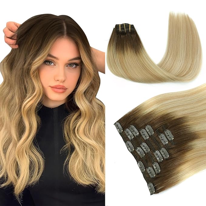 PINKPEARL Clip in Hair Extensions Real Human Hair, Remy Human Hair Extensions Clip ins, 18inch 120g 7Pcs, #4/27/60 Balayage Chocolate Brown to Caramel Blonde and Platinum Blonde(#4/27/60-18)
