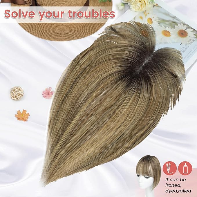 YAMI Human Hair Toppers for Women with Thinning Hair Topper with Bangs Upgrade Swiss Base 10inch Hairpiecees for Women with Hairloss (Medium Brown Mix Blonde with Dark Brown Root)
