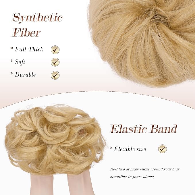 FESHFEN Messy Bun Hair Piece - Large Elastic Wavy Curly Hair Bun Scrunchies Ponytail Extensions Synthetic Chignon Hairpieces for Women, Champagne Blonde 1.94oz