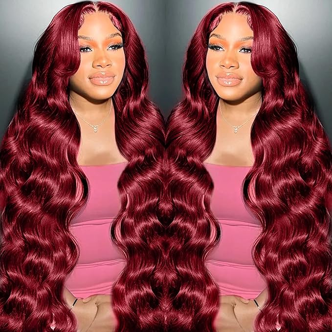 99J Burgundy Wig Human Hair 13x4 Body Wave Lace Front Wigs Human Hair 180 Density Pre Plucked Glueless Wine Red Colored Lace Front Wig for Women 20 Inch