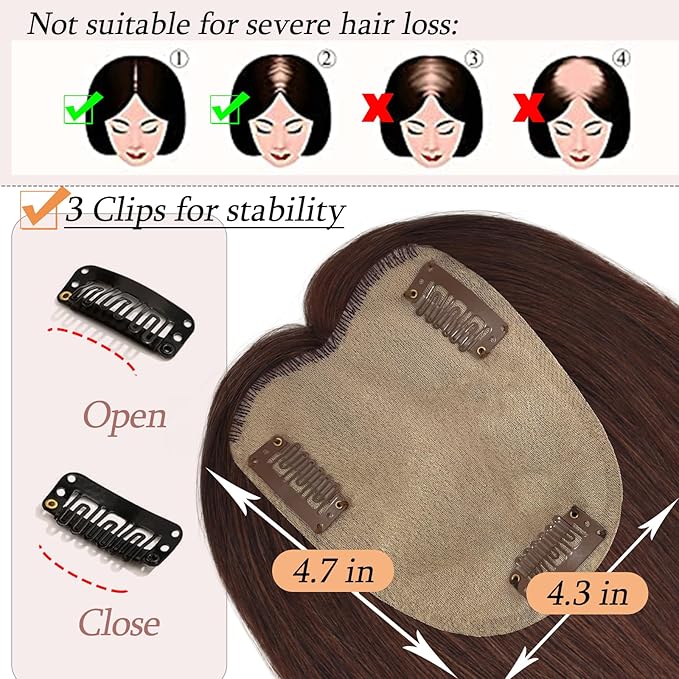 Human Hair Toppers for Women with Thinning Hair Real Human Topper Crown No Bangs 10 Inch #4 Medium Brown