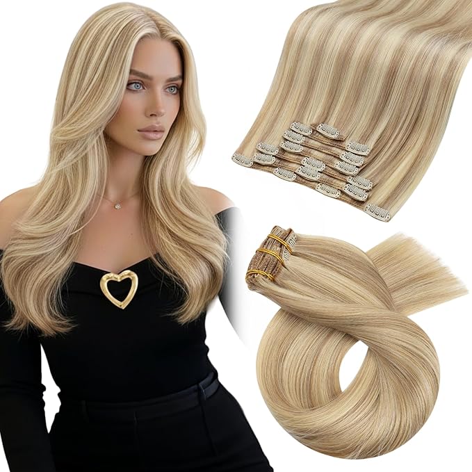 Moresoo Clip in Hair Extensions Remy Double Weft Human Hair Clip in Extensions Straight Hair Extensions for Women Dark Ash Blonde Highlight with Golden Blonde 7pcs 120g 18inch