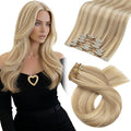 Moresoo Clip in Hair Extensions Remy Double Weft Human Hair Clip in Extensions Straight Hair Extensions for Women Dark Ash Blonde Highlight with Golden Blonde 7pcs 120g 20inch