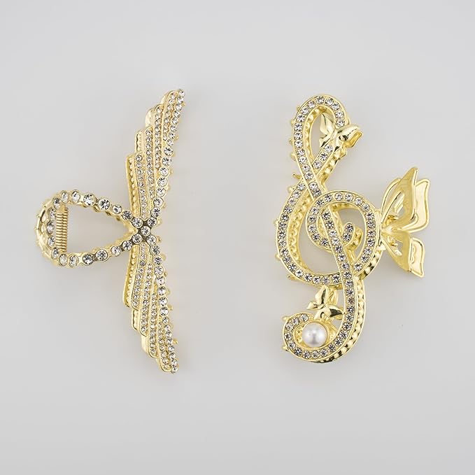 2PCS Gold Music Note Rhinestone & Pearl Claw Clips, Large Metal Hair Clips, Bling Hair Accessories for Women & Girls