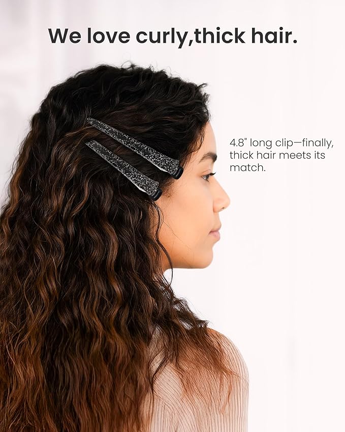 AIMIKE Extended Sectioning Hair Clips w/Built-in Silicone Band, 4.8" No-Crease Non-Slip Hair Styling Clips for Thick, Curly Hair –Blow Drying, Hair Rollers, Rust-Free – 6 Pack, Glitter Duckbill Clips