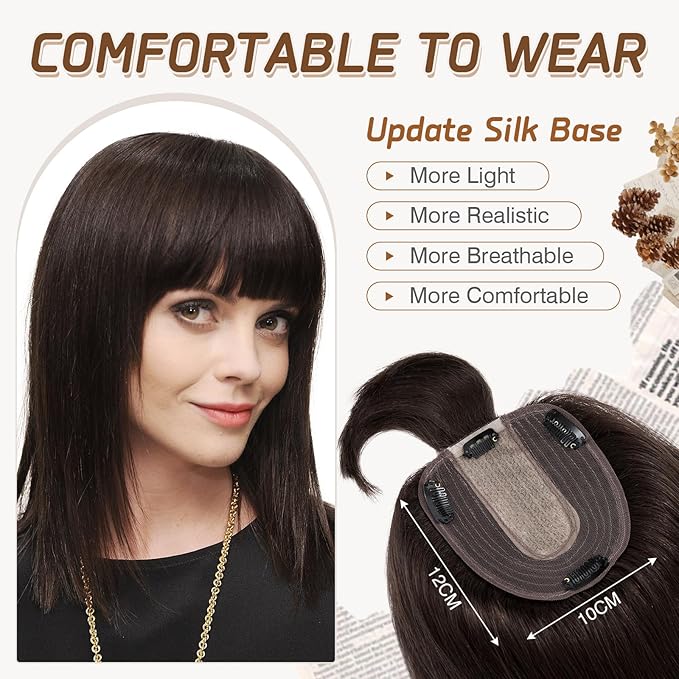 Rich Choices Real Human Hair Toppers for Women With Bang 100% Remy Human Hair Topper for Thinning Hair Clip in Silk Base Hair Topper 12 Inch #2 Dark Brown