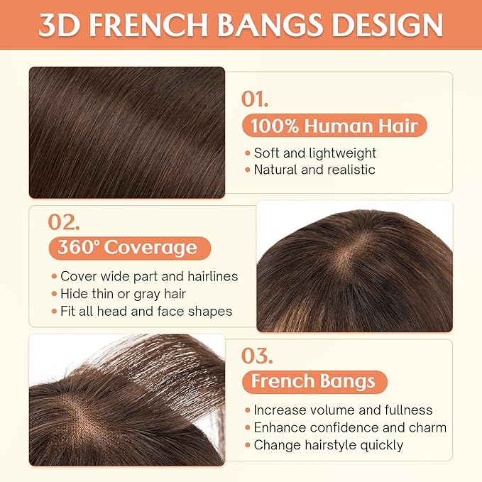 Benehair Clip in Bangs 100% Real Human Hair Extensions 360° Cover Clip on 3D Wispy Bangs for Women Topper Hairpieces for Women Dark Brown