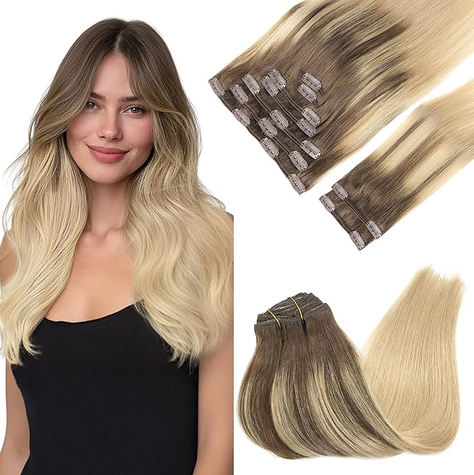 GOO GOO Clip in Hair Extensions Real Human Hair, Remy Human Hair Extensions Clip ins for Women, Natural Human Hair, 16inch 150g 9Pcs, 4/18 Balayage Chocolate Brown Highlighted Dirty Blonde
