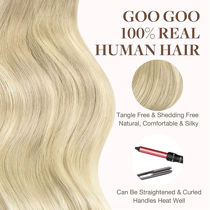 GOO GOO Tape in Hair Extensions Human Hair, 18ET90A Natural Blonde Balayage, 18inch 50g 20pcs, Skin Weft Seamless Invisible, Silky Straight with Thick Ends, Remy Human Hair