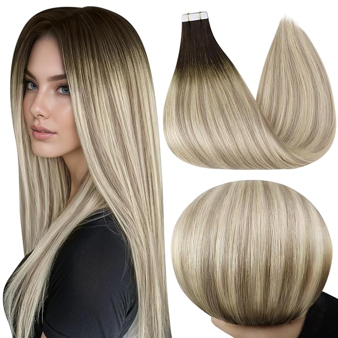 Full Shine Balayage Tape in Hair Extensions Human Hair 18Inch Balayage Tape in Real Hair Extensions Color 2 Fading to 18 And 60 Blonde Remy Hair Ombre Skin Weft Tape in Human Hair Extensions 50G 20Pcs