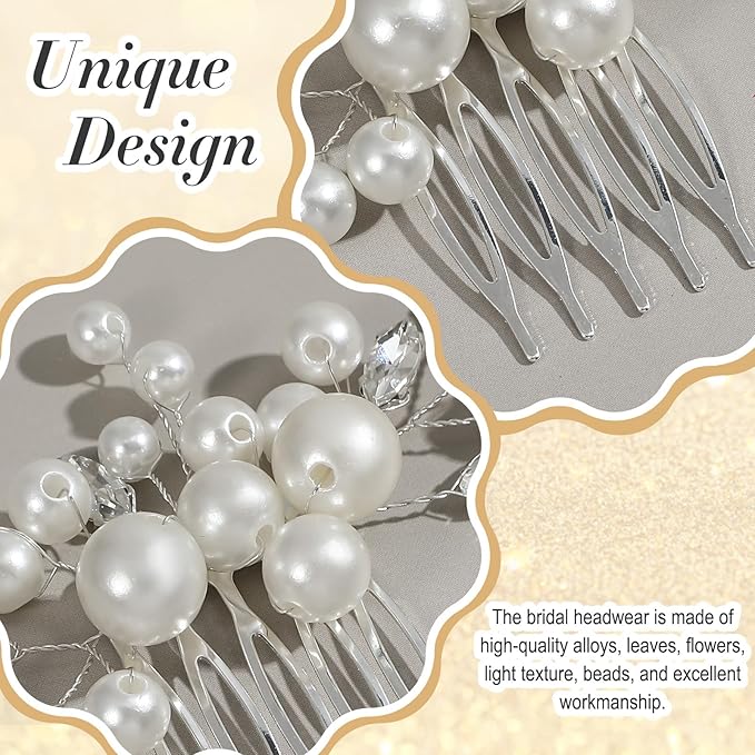 2PCS Pearl Wedding Hair Comb, Rhinestone Pearl Hair Accessories Crystal Hairs Pieces Bridal Hairs Clips for Women and Brides Bridesmaid