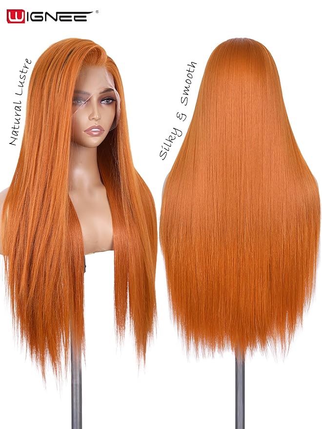 WIGNEE 13x6 Synthetic Lace Front Wig Pre-Plucked Synthetic Glueless Straight Wig 28" Voluminous Ginger Lace Front Wigs with Kanekalon Futura Hair