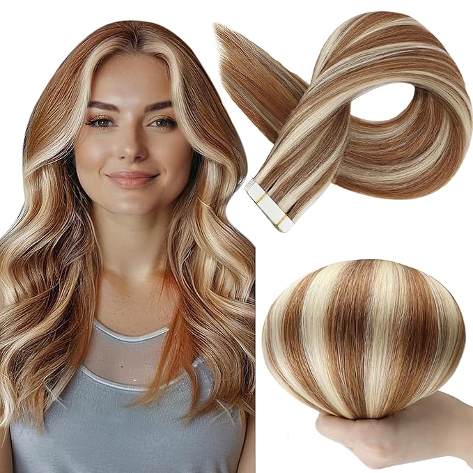 Full Shine Natural Tape in Hair Extensions Real Remy Hair Auburn Highlight Blonde Tape ins Human Hair Extensions 16 Inch Invisible Seamless Tape in Hair Extension Human Hair 50G Soft Extensions 20Pcs