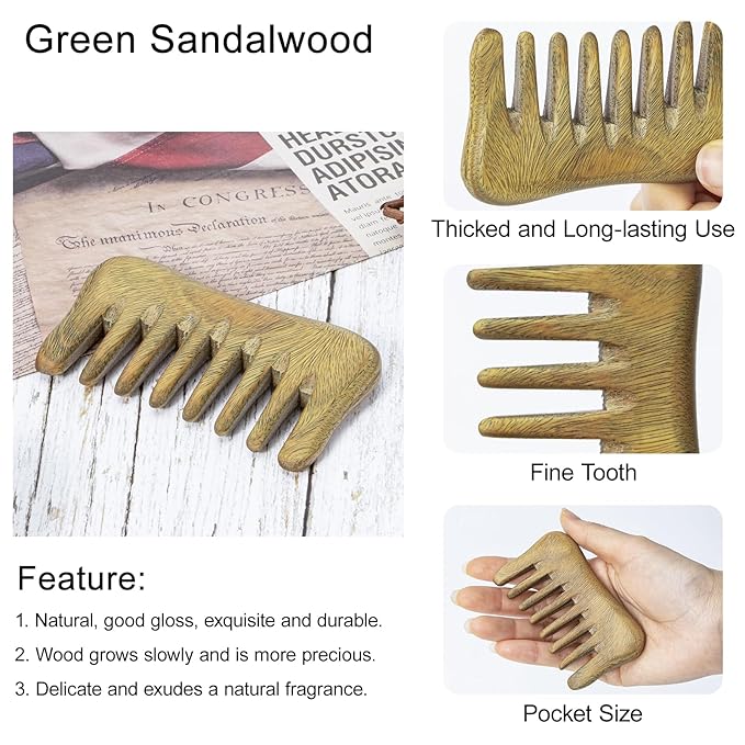 Hair Comb Wooden Wide Tooth Combs for Curly, 2 Pcs Detangling Natural Sandalwood Combs for Women and Men, Detangles Wet or Dry, Thin, Thick, Wavy or Straight Hair, Scalp Massager, Anti-static