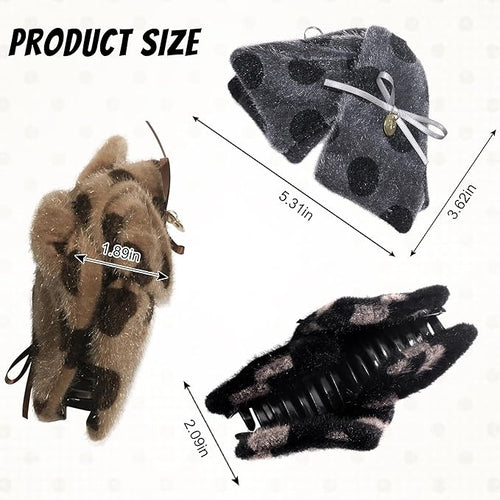 3Pcs Large Plush Hair Claw Clips for Thick Hair, 5.3 Inch Fuzzy Faux Fur Jaw Clips, Cute Polka Dot Hair Catch Barrettes with Bow Ribbon, Non Slip Strong Hold Winter Hair Accessories for Women Girls