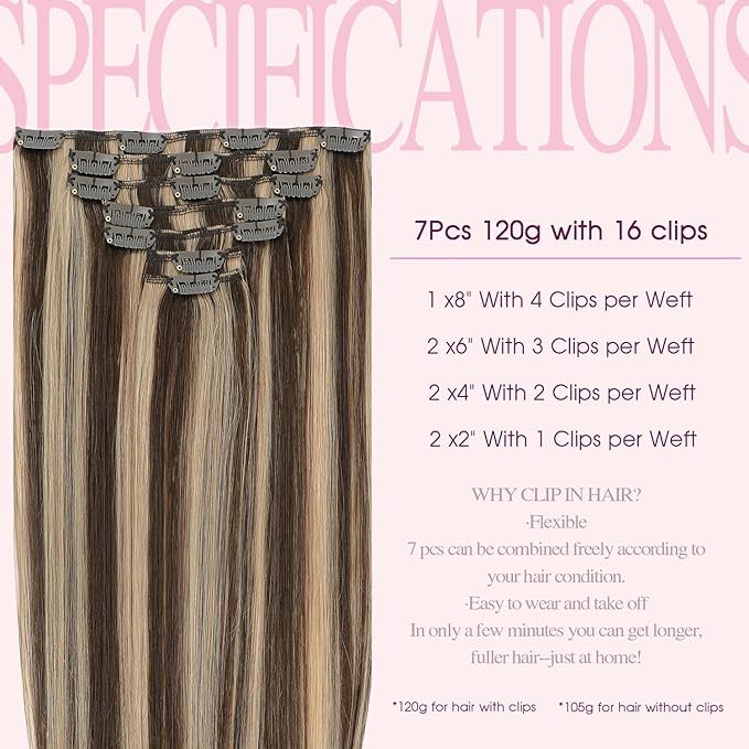 PINKPEARL Clip in Hair Extensions Human Hair 16inch 120g 7pcs Remy Human Hair Extensions Clip in #4P27 Chocolate Brown Highlighted Caramel Blonde Clip Hair Natural Human Hair(#4P27-16)