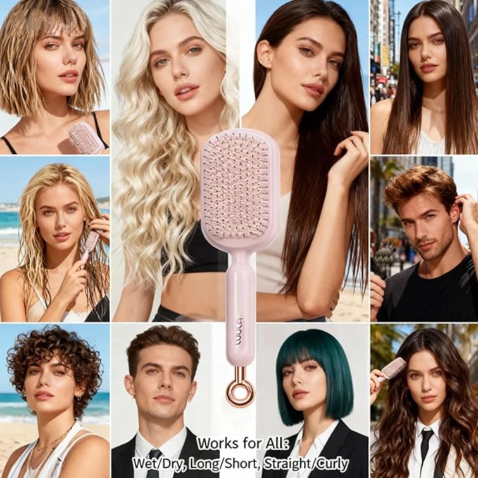 Retractable Cushion Massage Comb for Wet & Dry Hair, Anti-Static Self Cleaning Hair Brush for All Hair Types, Soft Bristles, Easy Eliminates Knots, Detangling Hairbrush for Women Men (Pink + Blue)