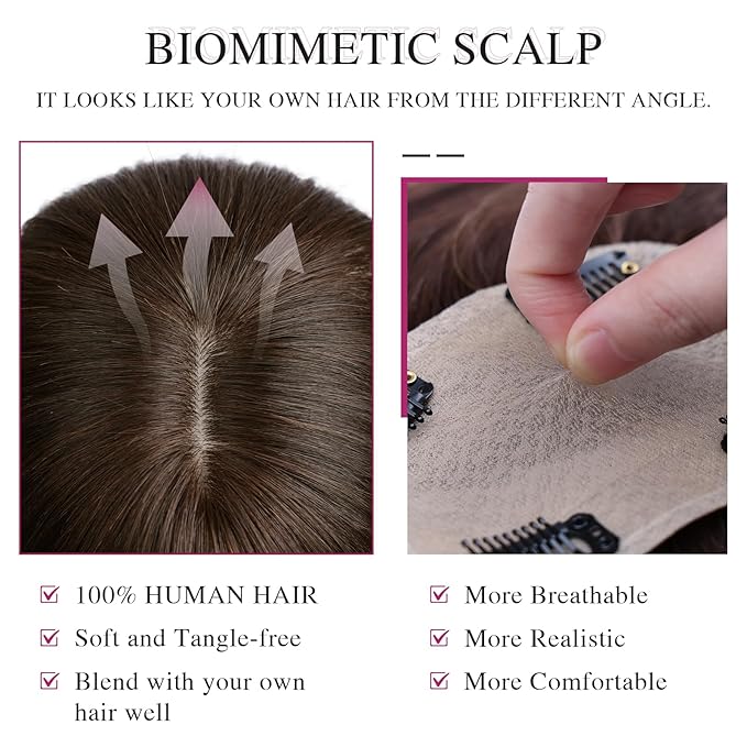 VERNA Real Human Hair Topper, 10 Inch 100％ Human Hair Toppers for Women with Thinning Hair, Large area Coverage Dark Brown Hairpiece Wiglet for Daily Wear(8 * 11)